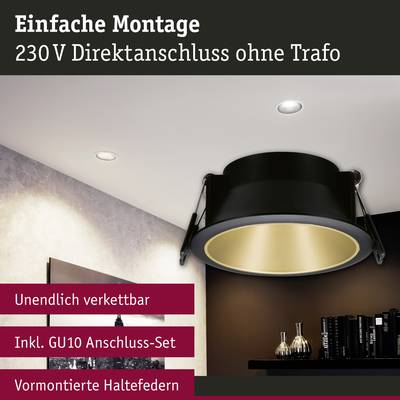 Beleuchtete Deckenleuchte in modernem Raum mit Dekor und Schriftzug 'Einfache Montage 230V Direktanschluss ohne Trafo'.
