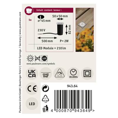 Produktetikett einer LED-Lampe: zeigt Größe (50x50x82mm), Verbrauch (2W), und Helligkeit (210lm). Symbole für Energieeffizienz und Herstellergarantie.