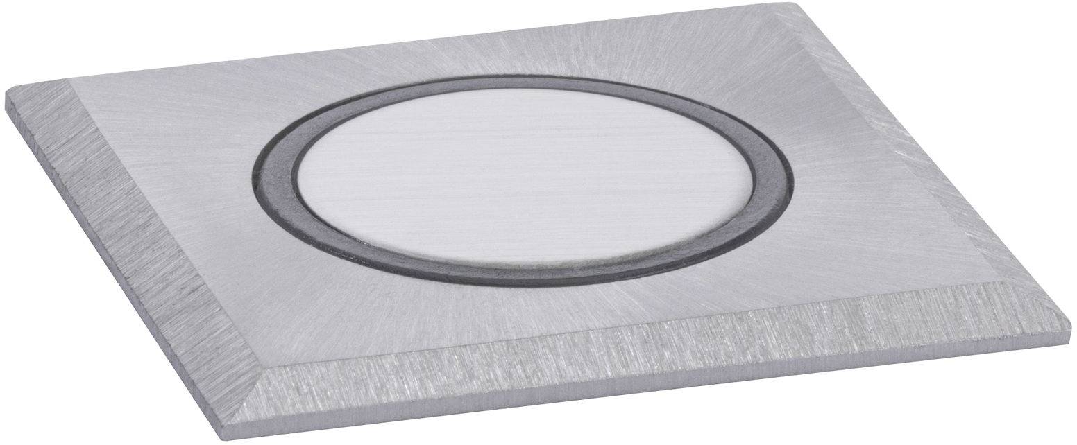 Ein quadratischer Metallblock mit einer runden, kreisförmigen Vertiefung in der Mitte, ähnlich einem Druckknopf oder Sensor.