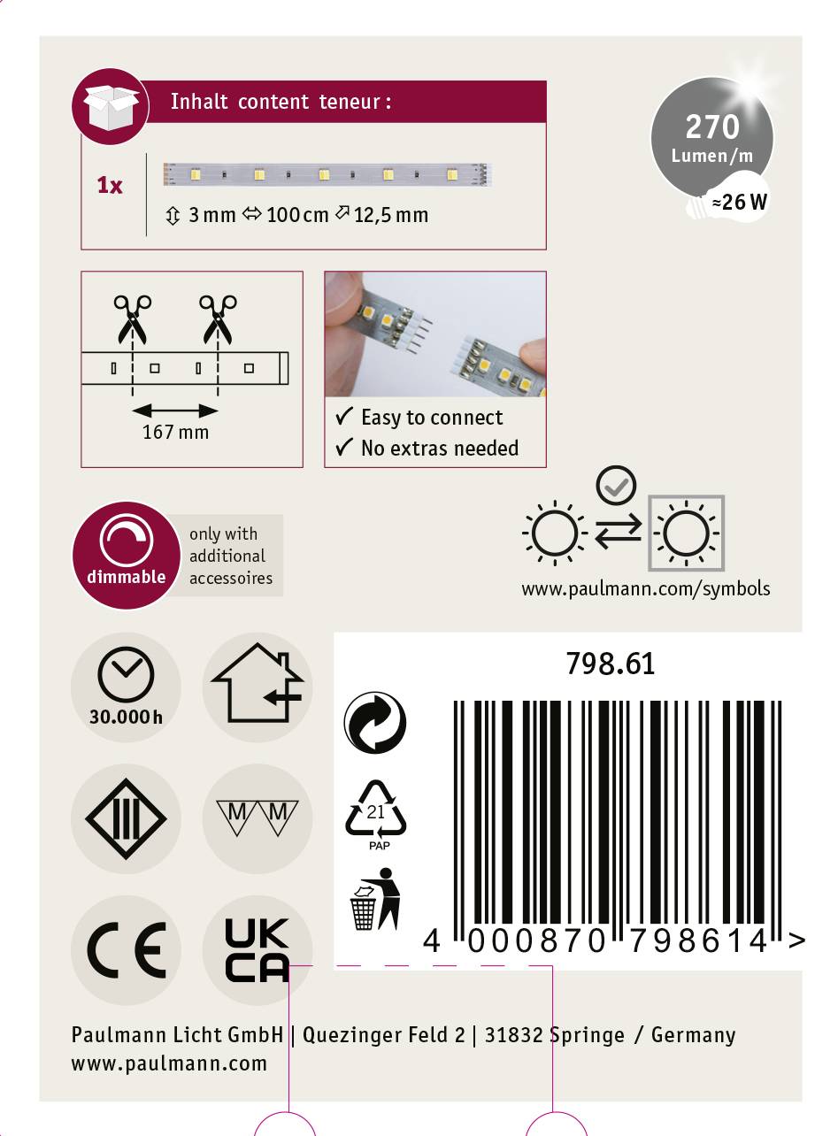Die Verpackung zeigt eine LED-Lichtleiste, 270 Lumen/m, dimmbar, einfache Verbindung, keine Extras erforderlich, 30.000 h Lebensdauer.