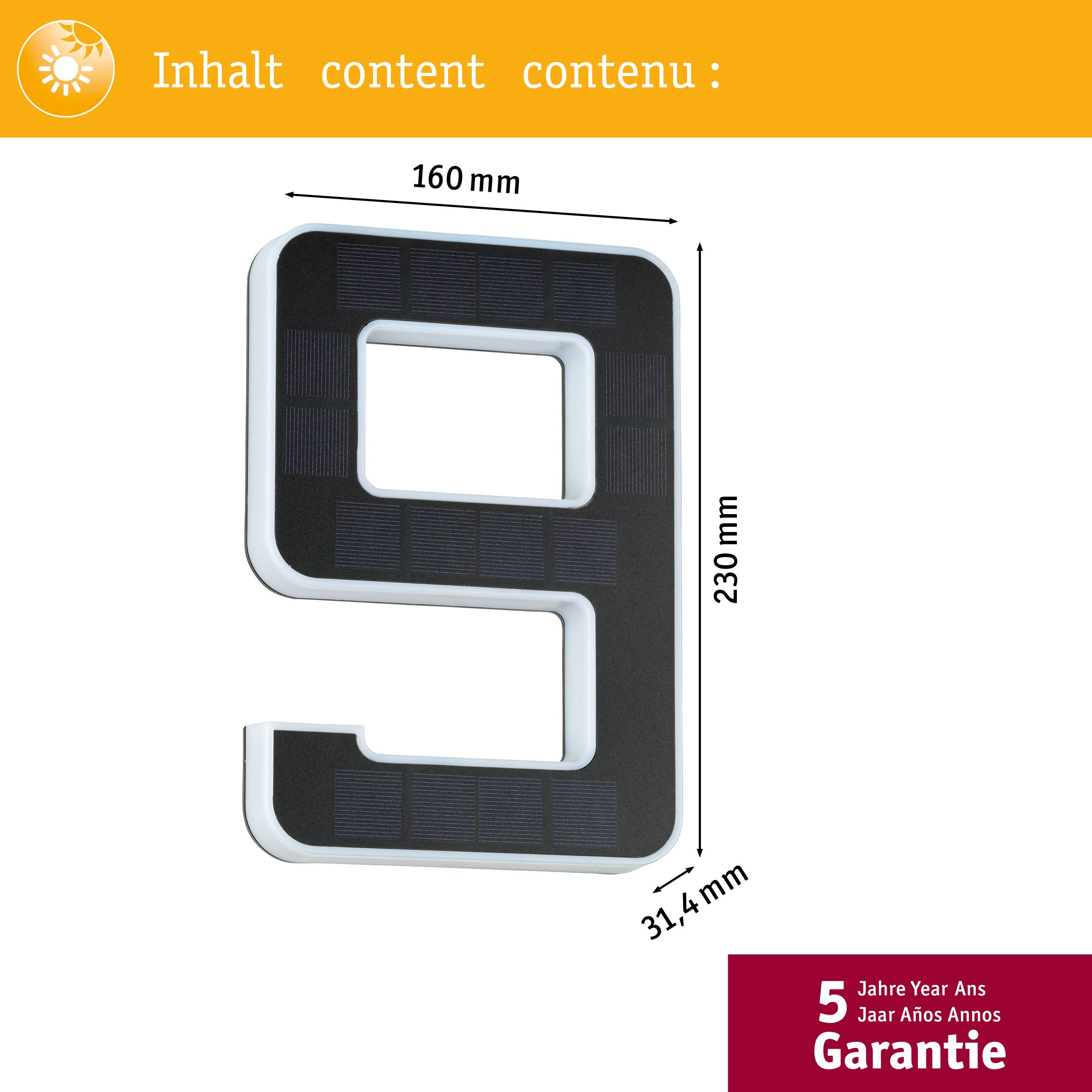 Eine große, stilisierte schwarze Ziffer '9' mit den Maßen 230 x 160 mm. Oben 'Inhalt content contenu:'; unten '5 Jahre Garantie'.