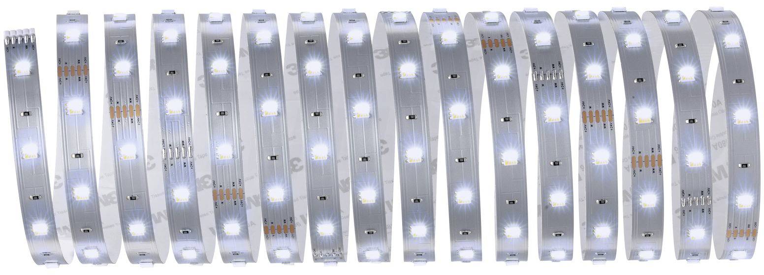 Eine Rolle mit leuchtenden LED-Lichtstreifen. Die LEDs sind gleichmäßig verteilt und leuchten in einem kühlen, weißen Licht.