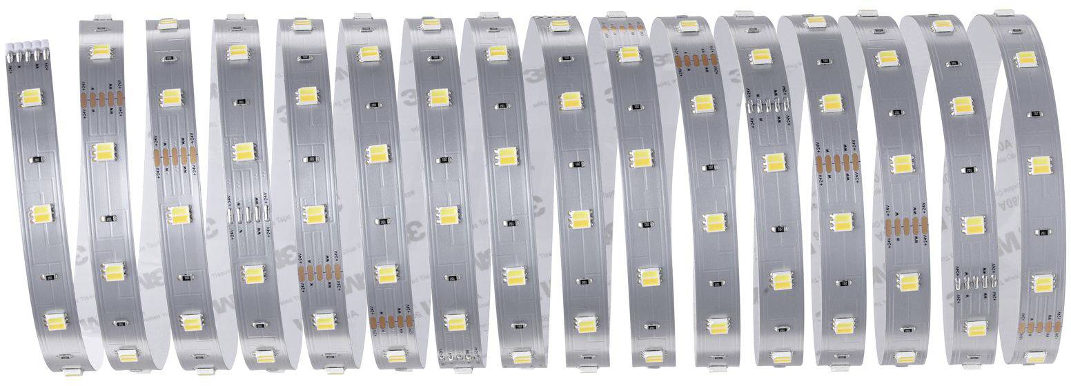 Silberne LED-Streifen mit gelben Leuchtdioden gleichmäßig verteilt, für Beleuchtungszwecke, nebeneinander angeordnet.