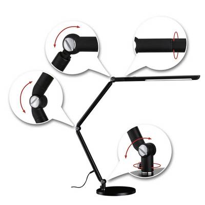 Eine schwarze, verstellbare Schreibtischlampe mit mehreren Gelenken. Kleine Bilder zeigen die Bewegungsmöglichkeiten der Lampe.
