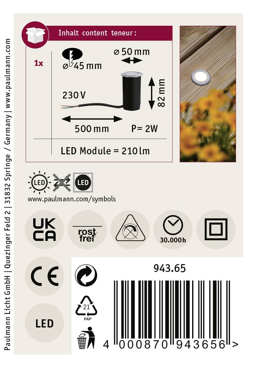'LED Module' Verpackung: Maße 50 mm, Leistung 2W, 230V. Lebensdauer 30.000 Stunden, Energieklasse F. Enthält Barcode unten rechts.