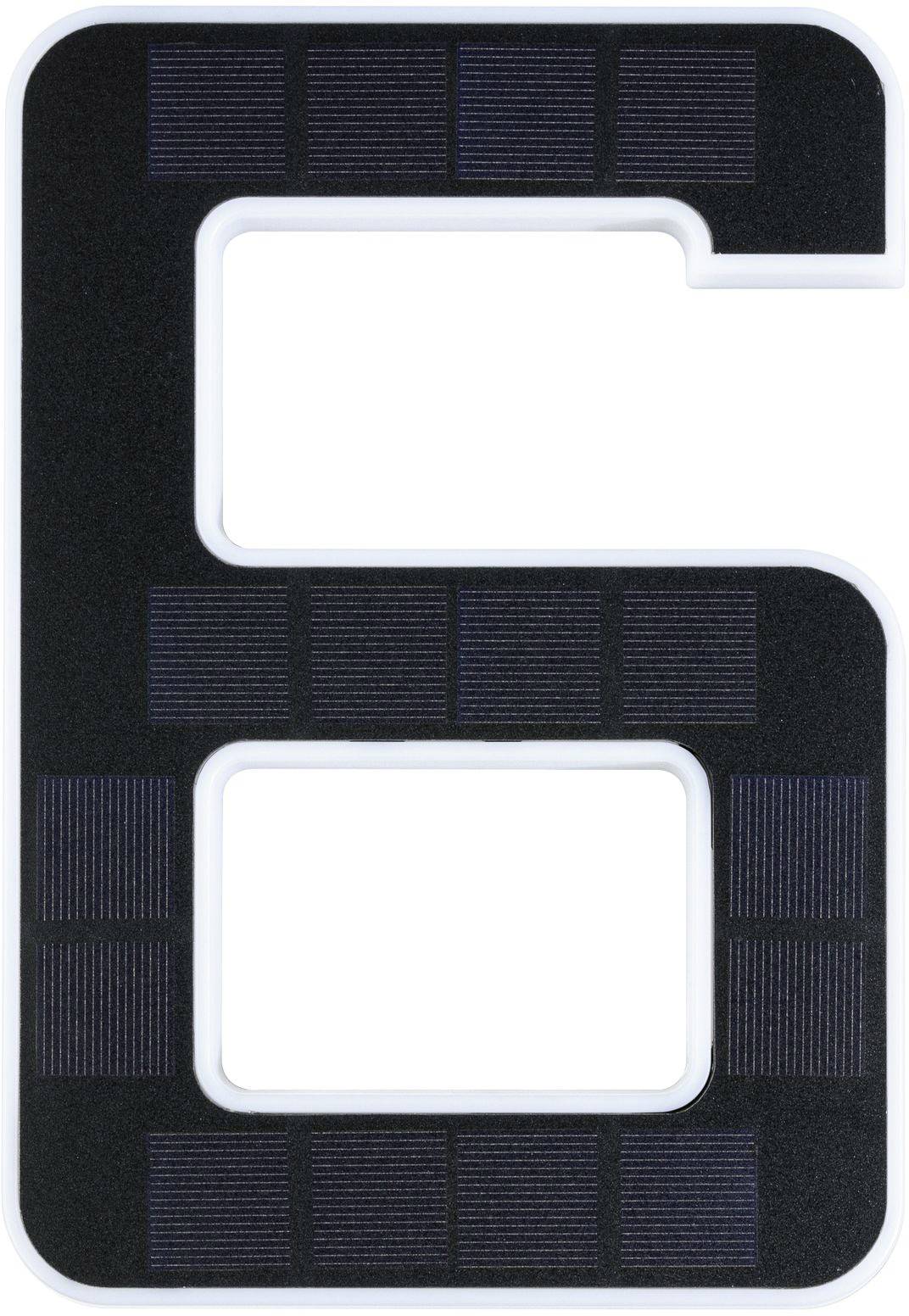 Die Zahl '6' im Stil eines Solarmoduls, mit kleinen, rechteckigen Solarzellen innerhalb der Zahl.