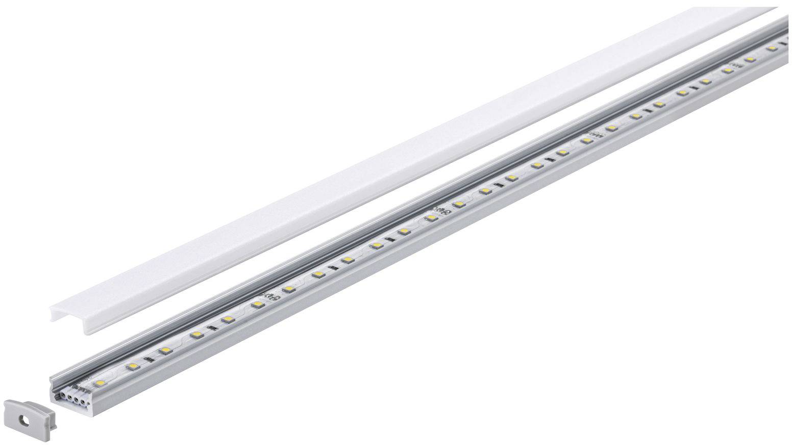 LED-Leiste mit Montageschiene und Abdeckung, zeigt freiliegende LEDs auf einem schmalen Streifen, vorgesehen zur Installation.