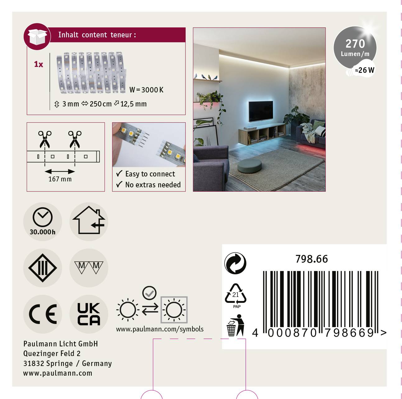 'Paulmann LED-Strip Set inklusive 1x 3m, 250cm, V 3000K, 270 Lumen/m. Einfache Verbindung, keine zusätzlichen nötig, Wohnzimmeranwendung.'