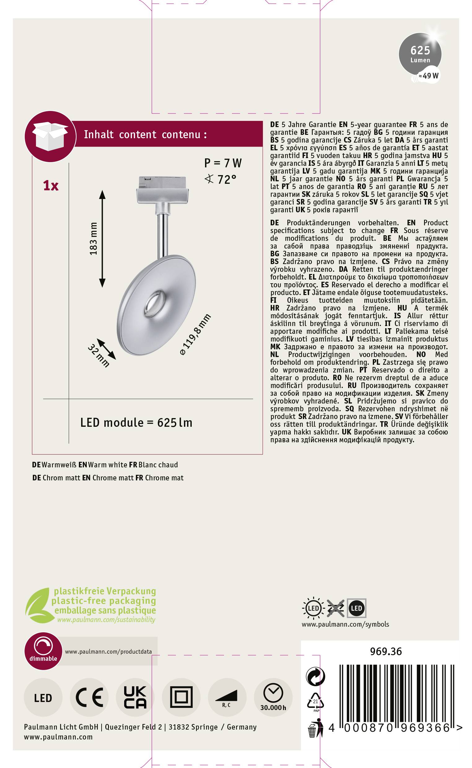 'Einbauspot mit LED-Modul, 625 Lumen, 7 Watt, 72° Abstrahlwinkel. Produktinformationen auf Französisch, Englisch, Deutsch.'