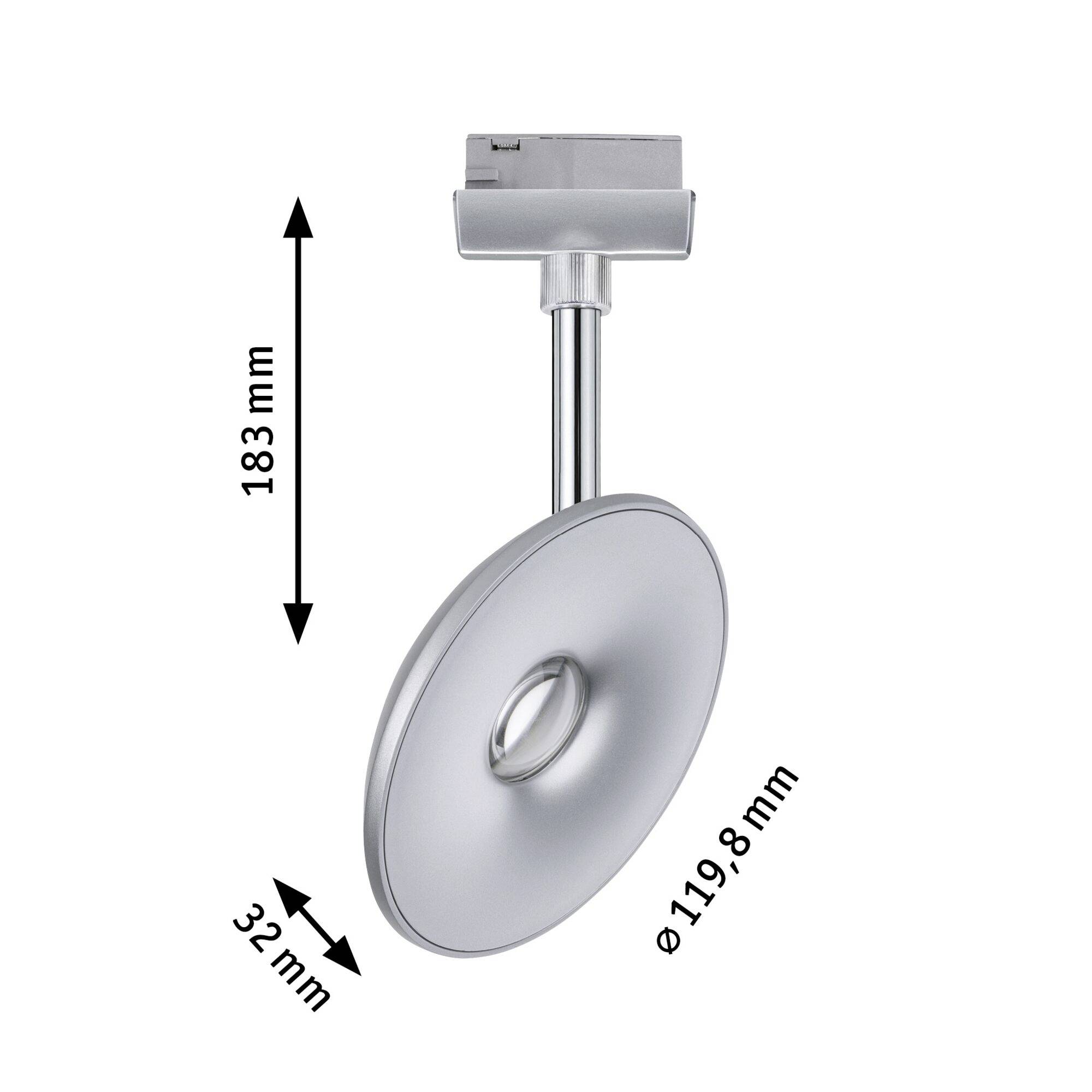 Silberner LED-Spot mit runder, flacher Leuchte. Höhe 183 mm, Durchmesser 119,8 mm, Basis 32 mm. Moderne, minimalistische Bauweise.