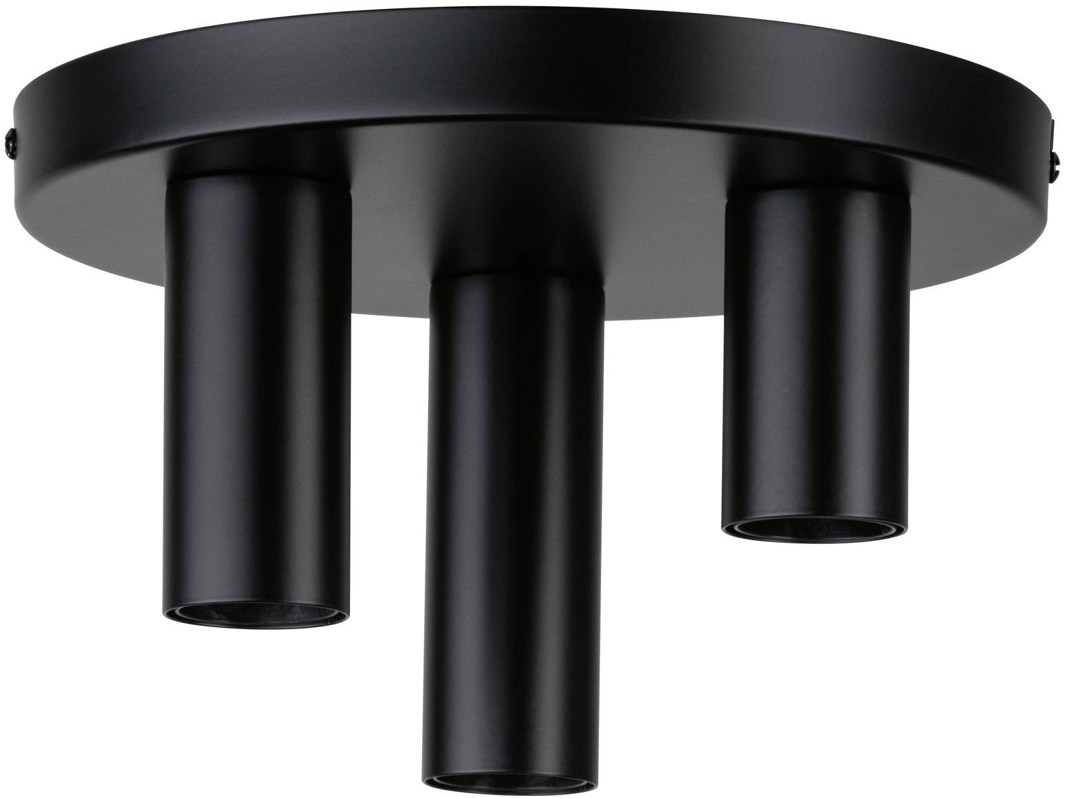 Schwarze Deckenleuchte mit drei herunterhängenden Zylindern, die in verschiedene Richtungen leuchten können. Modernes Design.