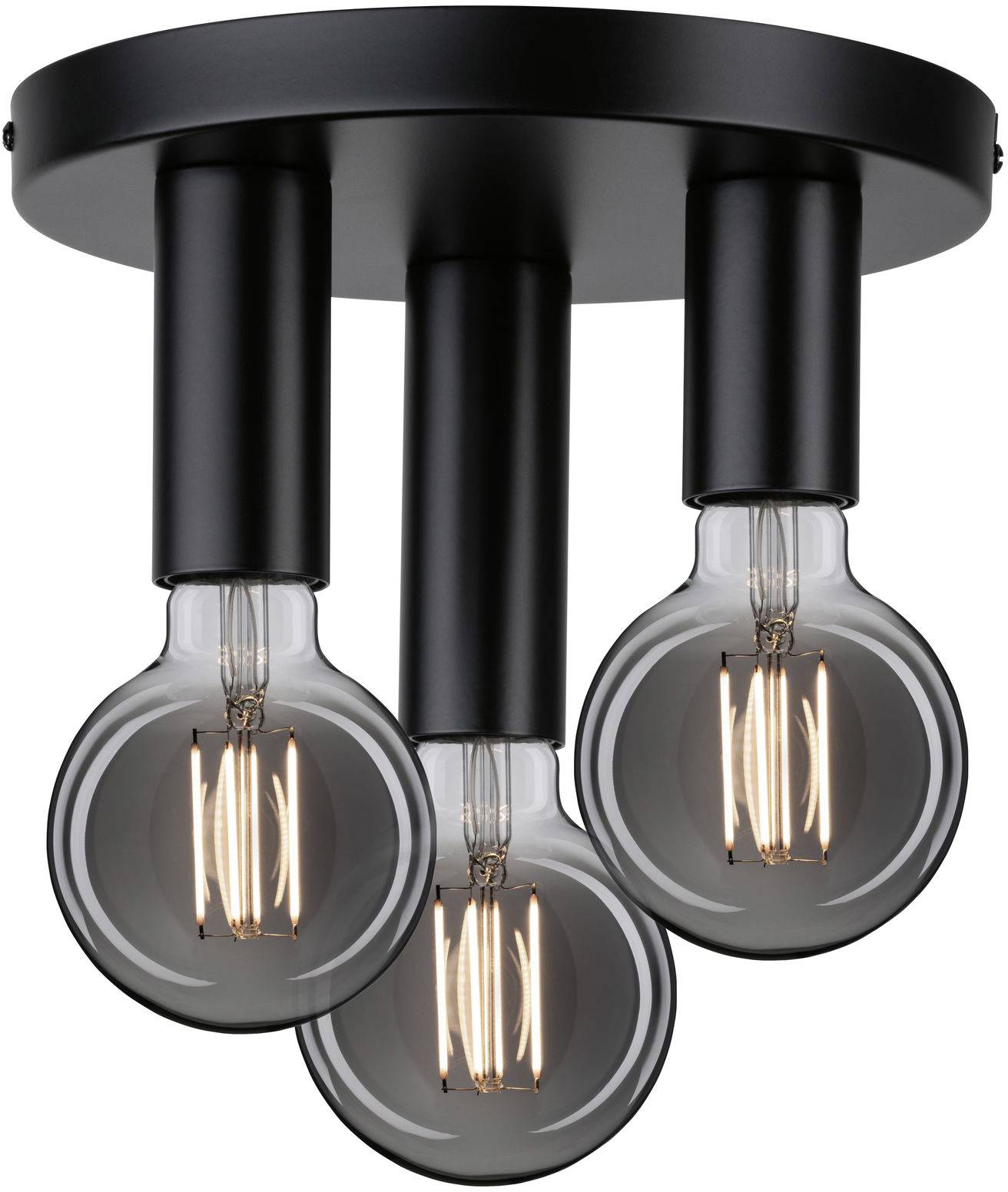 Eine schwarze Deckenleuchte mit drei sichtbaren Glühbirnen in zylindrischen Fassungen, die nach unten gerichtet sind.