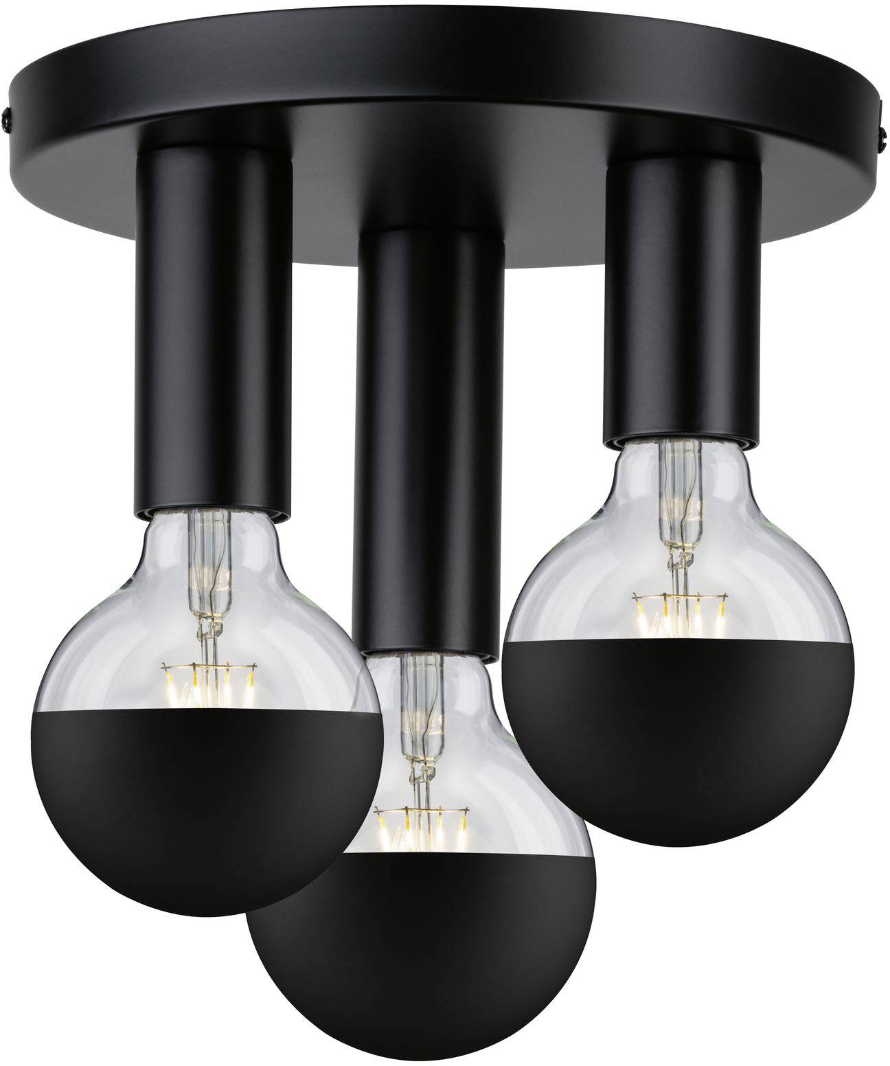 Schwarze Deckenleuchte mit drei klaren, halb schwarz beschichteten Glühbirnen. Modernes Design, geeignet für Wohnräume.