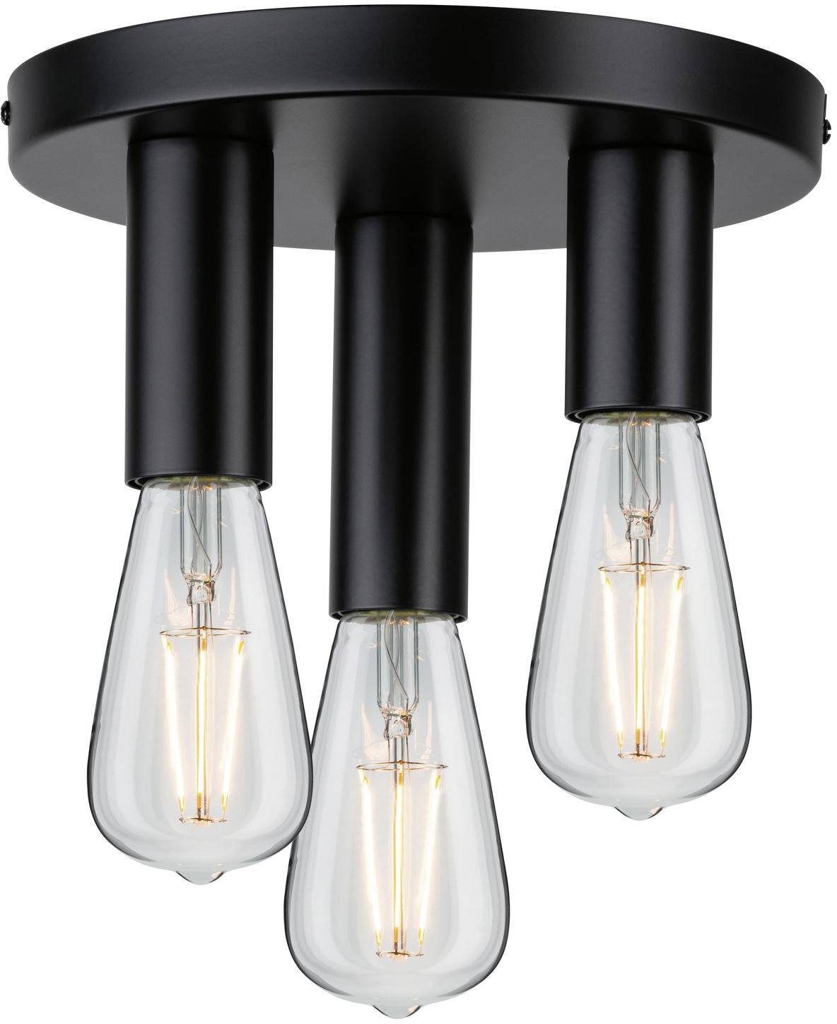 Schwarze Deckenleuchte mit drei sichtbaren Glühbirnen in zeitgenössischem Design. Ideal für moderne Innenräume.