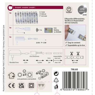 LED-Leuchten-Kit, inklusive Strip, Adapter, Fernbedienung, technische Daten und Anwendungshinweise, 3m Länge, erweiterbar.
