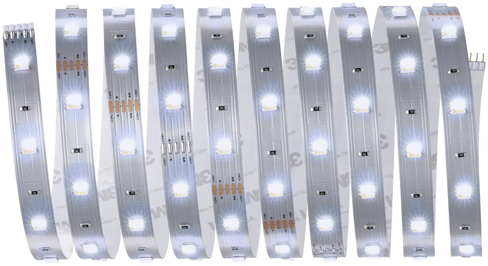 Mehrere LED-Streifen mit leuchtenden weißen LEDs sind in einer Schleifenform angeordnet.