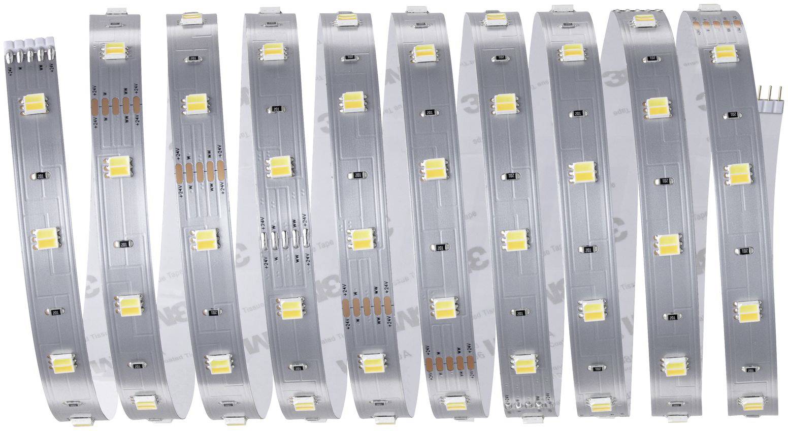 Eine flexible LED-Lichtleiste in einer wellenförmigen Anordnung, mit mehreren gelben LED-Lichtern gleichmäßig entlang der Streifen.