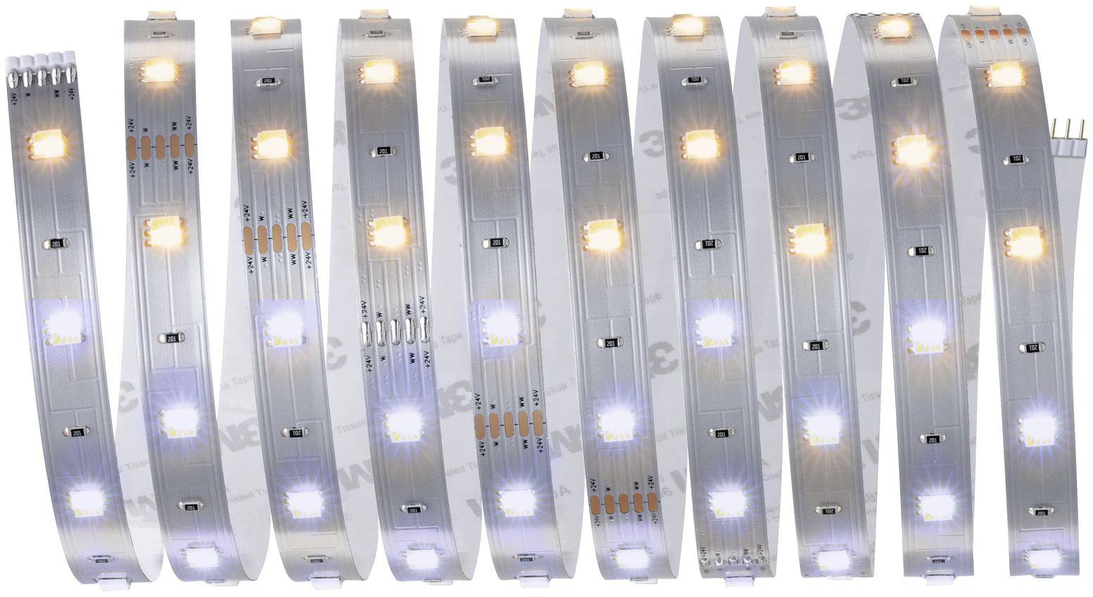 Mehrere LED-Lichtstreifen in einer Reihe. Sie zeigen verschiedene Lichter in warmweißen und kühlen Tönen.