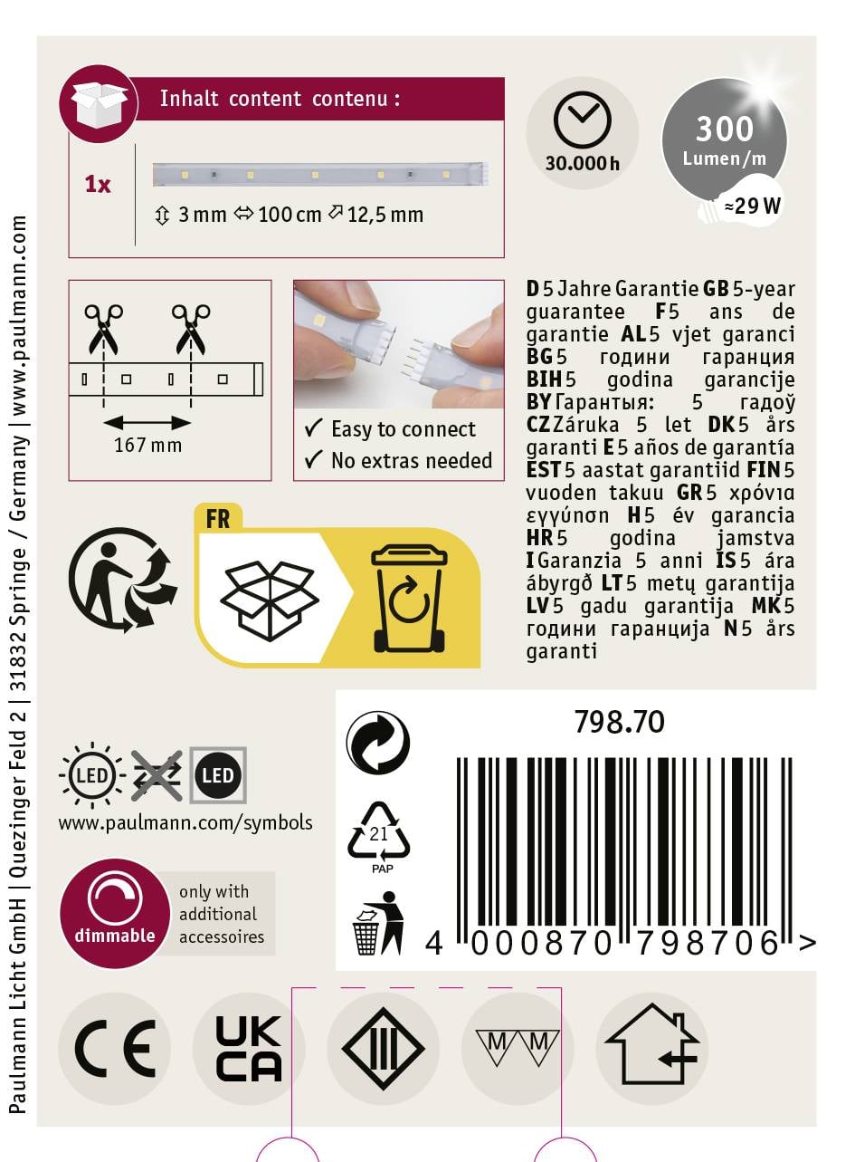 'Verpackungsetikett einer LED-Lampe: enthält Montageanleitung, techn. Daten, Symbole für Garantie, Recyclinghinweise und Energieverbrauch 29 W.'
