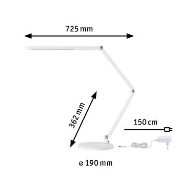 'Tischlampe in drei segmentierbaren Abschnitten, 725 mm lang, 362 mm hoch, mit 190 mm Durchmesser, inklusive 150 cm langem Netzkabel.'