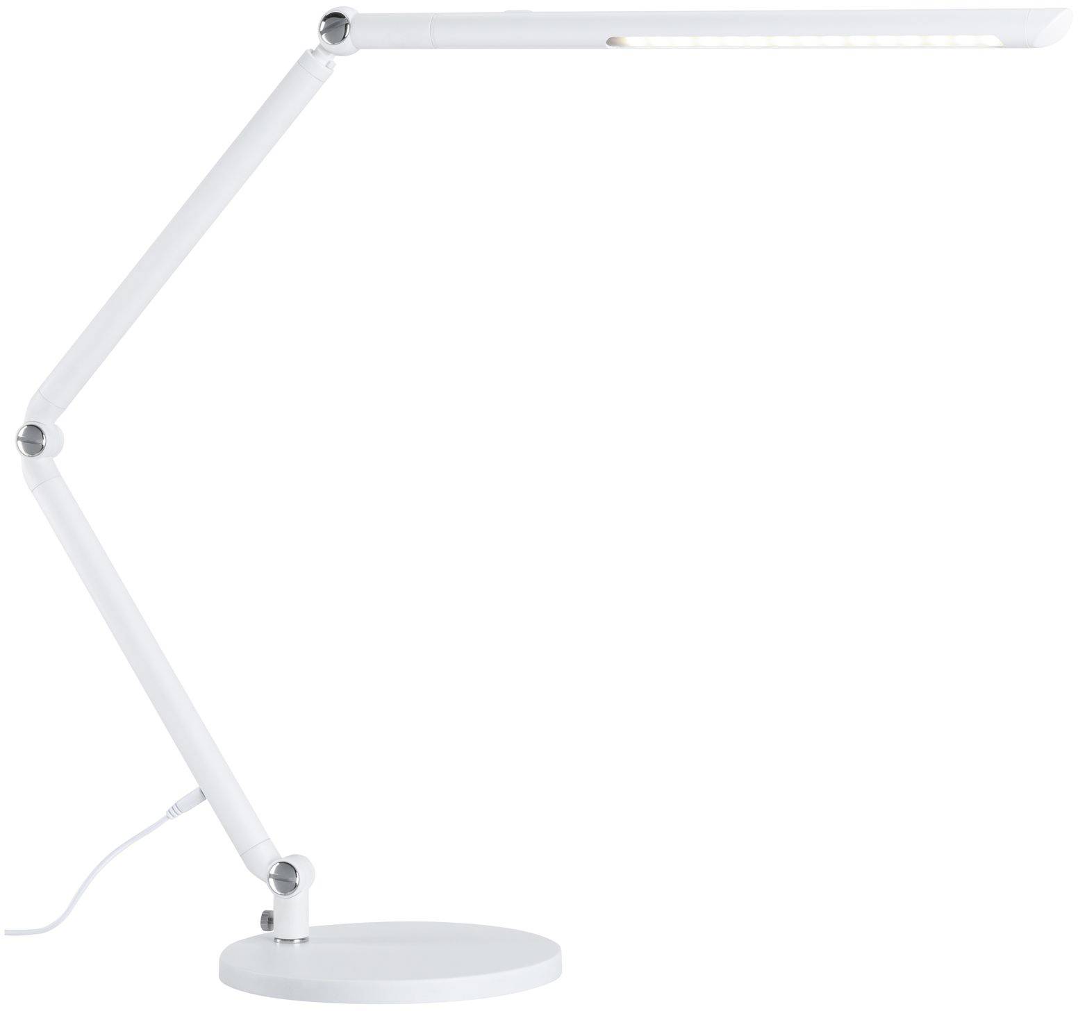 Weiße, moderne Schreibtischlampe mit flexiblem Arm und rundem Sockel. Sie kann in verschiedene Positionen eingestellt werden.