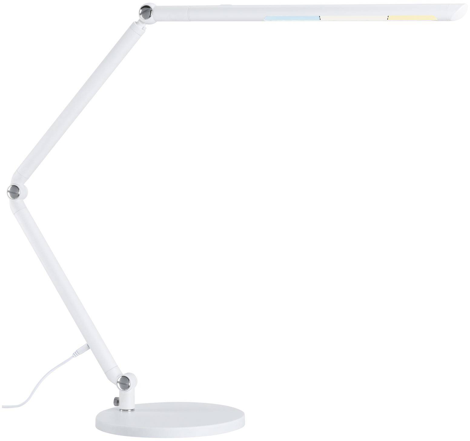 Weiße Schreibtischlampe mit verstellbarem Arm, die einen modernen und minimalistischen Stil zeigt. Hintergrund ist weiß.