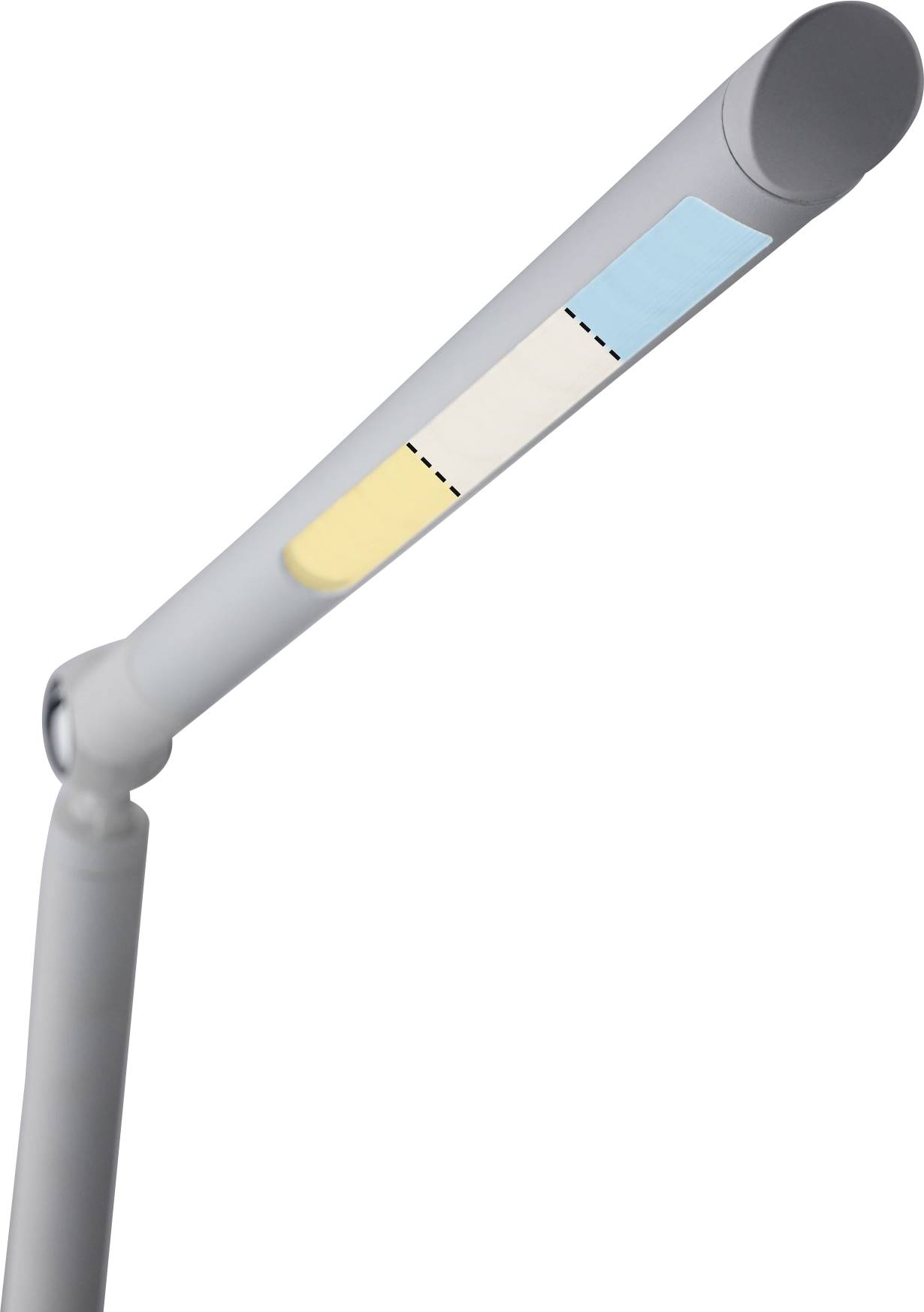 Eine moderne, verstellbare Tischlampe mit farbigen Markierungen, die verschiedene Lichtmodi darstellen.
