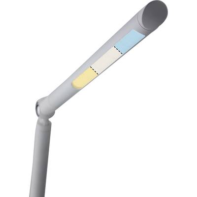 Eine moderne, verstellbare Tischlampe mit farbigen Markierungen, die verschiedene Lichtmodi darstellen.