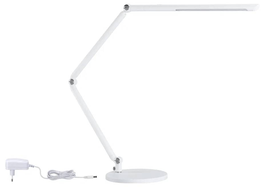Weiße, moderne Schreibtischlampe mit verstellbarem Arm und flachem Lampenkopf, auf rundem Sockel. Netzteil mit Kabel links.
