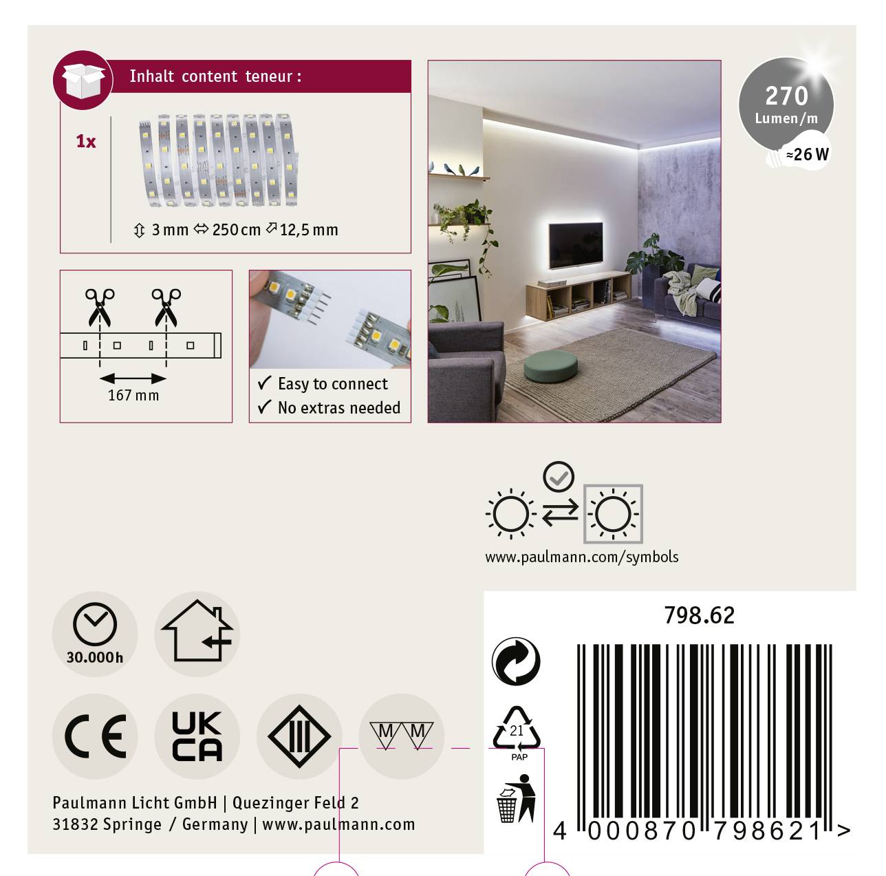 LED-Streifen-Set, 3 m lang, 270 Lumen, warmweiß, einfache Verbindung. Abgebildet im Wohnzimmer. Enthält Netzteil und Clips.