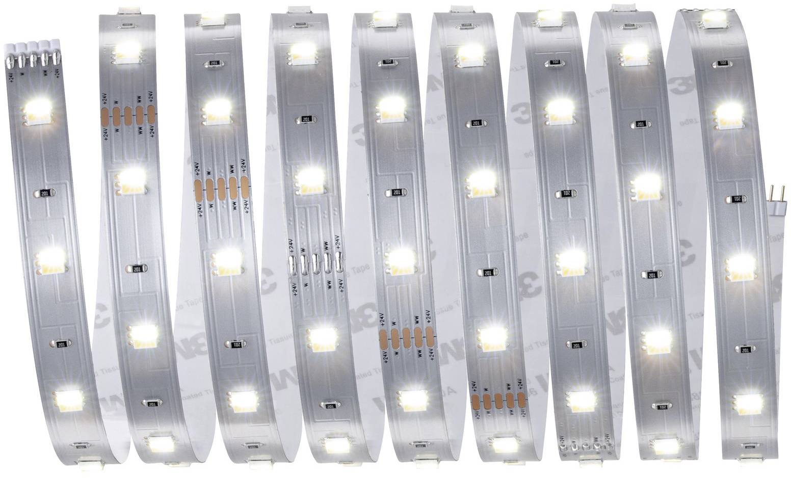 Ein leuchtender LED-Streifen mit mehreren weißen Lichtern, der sich in einer Schleifenform erstreckt. Ideal für dekorative Beleuchtung.