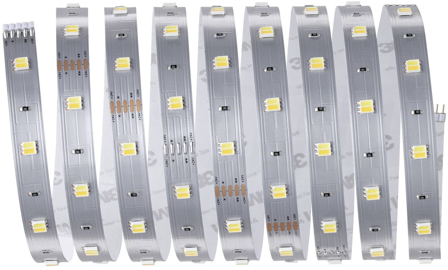 Ein flexibles LED-Streifenlicht, gewellt dargestellt, mit gleichmäßig verteilten gelben LED-Leuchten auf einem silbernen Band.