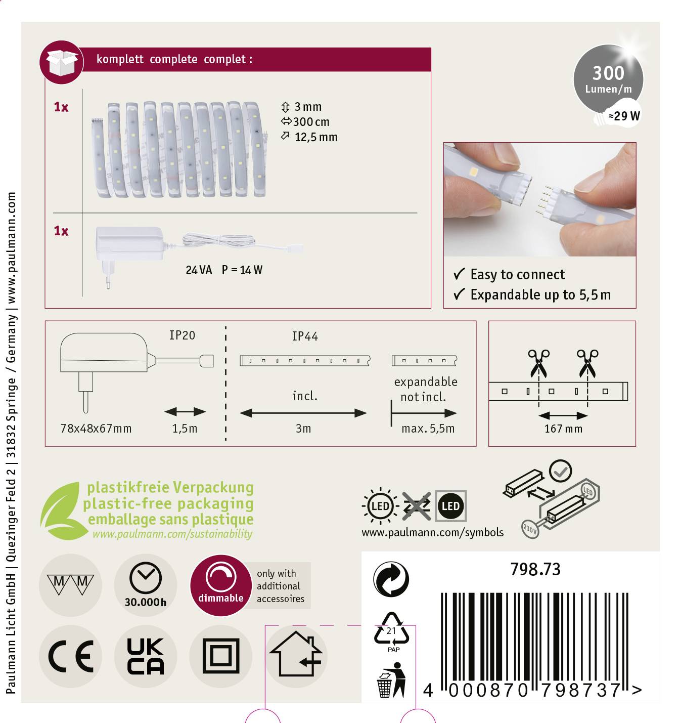 LED-Beleuchtungsset mit 12 Leuchten, erweiterbar bis 5,5 m, IP20, dimmbar. Enthält Netzteil und Zubehör. Verpackung plastikfrei.