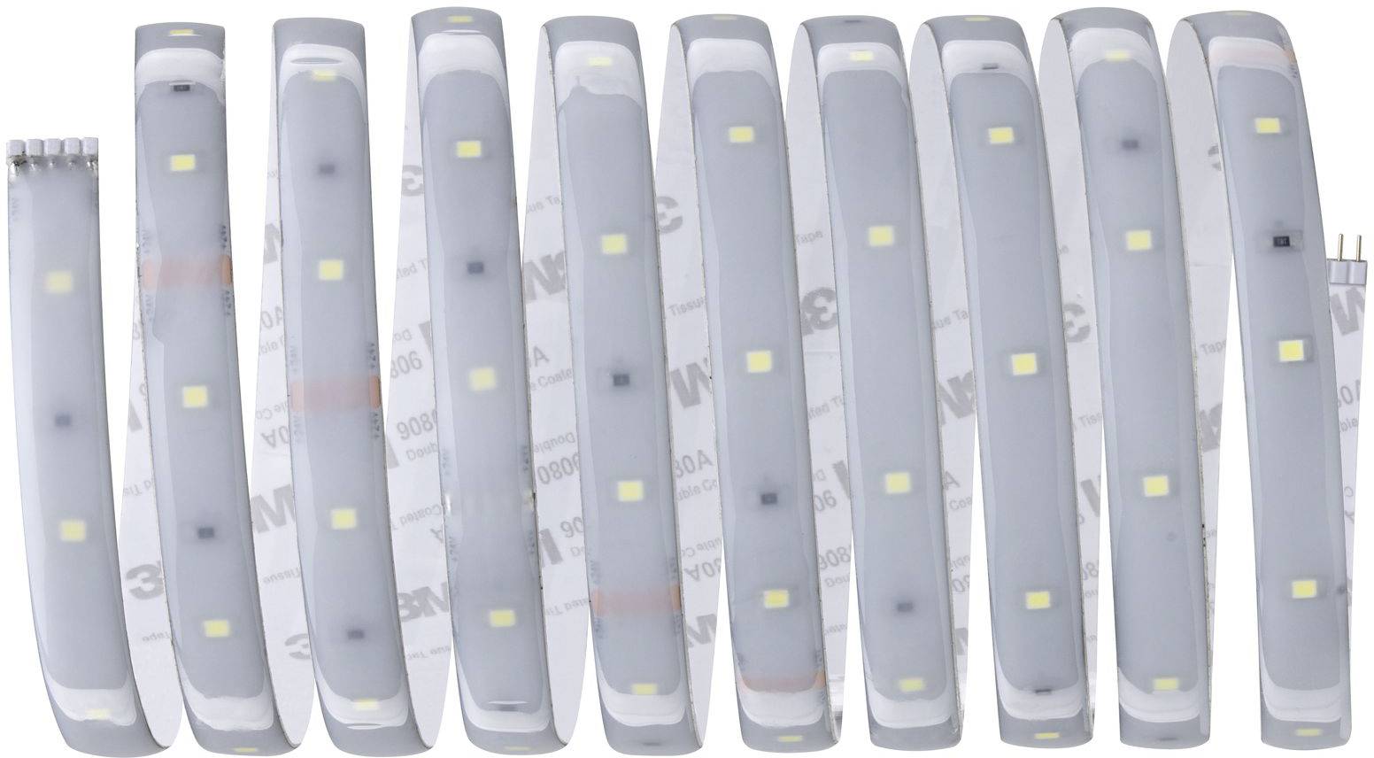 'Zehn LED-Streifen mit gleichmäßig verteilten Leuchtdioden, eingerollt auf transparenten Kunststoffträgern.'