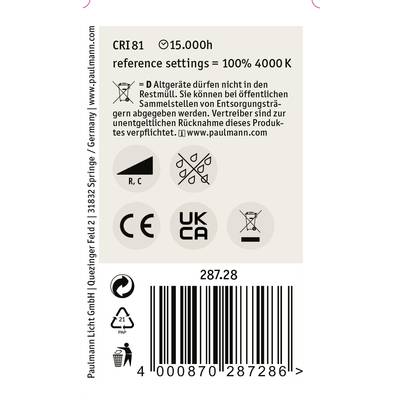 'Ettikett mit CRI 81, 15.000h Lebensdauer, 100% 4000K, Entsorgungshinweis. Symbole: Recycling, CE, keine Mülltonne, UKCA.'