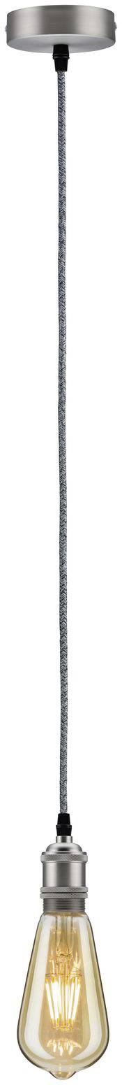 Hängelampe mit Glühbirne im Vintage-Stil, Metallfassung, sichtbares Glühwendel, schwarzes geflochtenes Kabel.