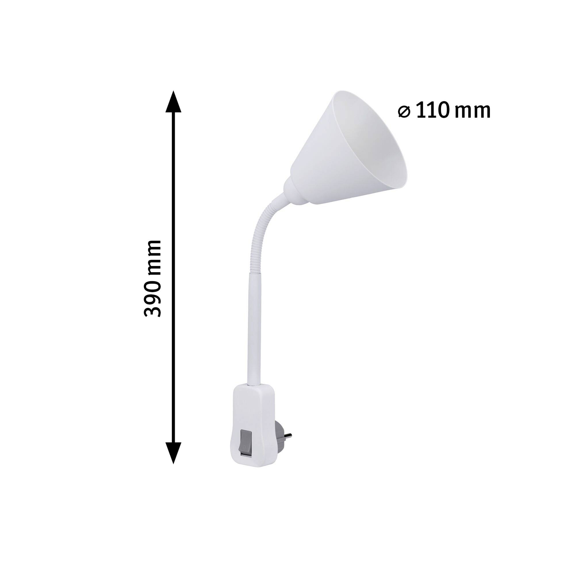 Weiße Schreibtischlampe mit flexiblem Hals, 390 mm hoch, Lampenschirmdurchmesser 110 mm. Stromkabel und Schalter unten.