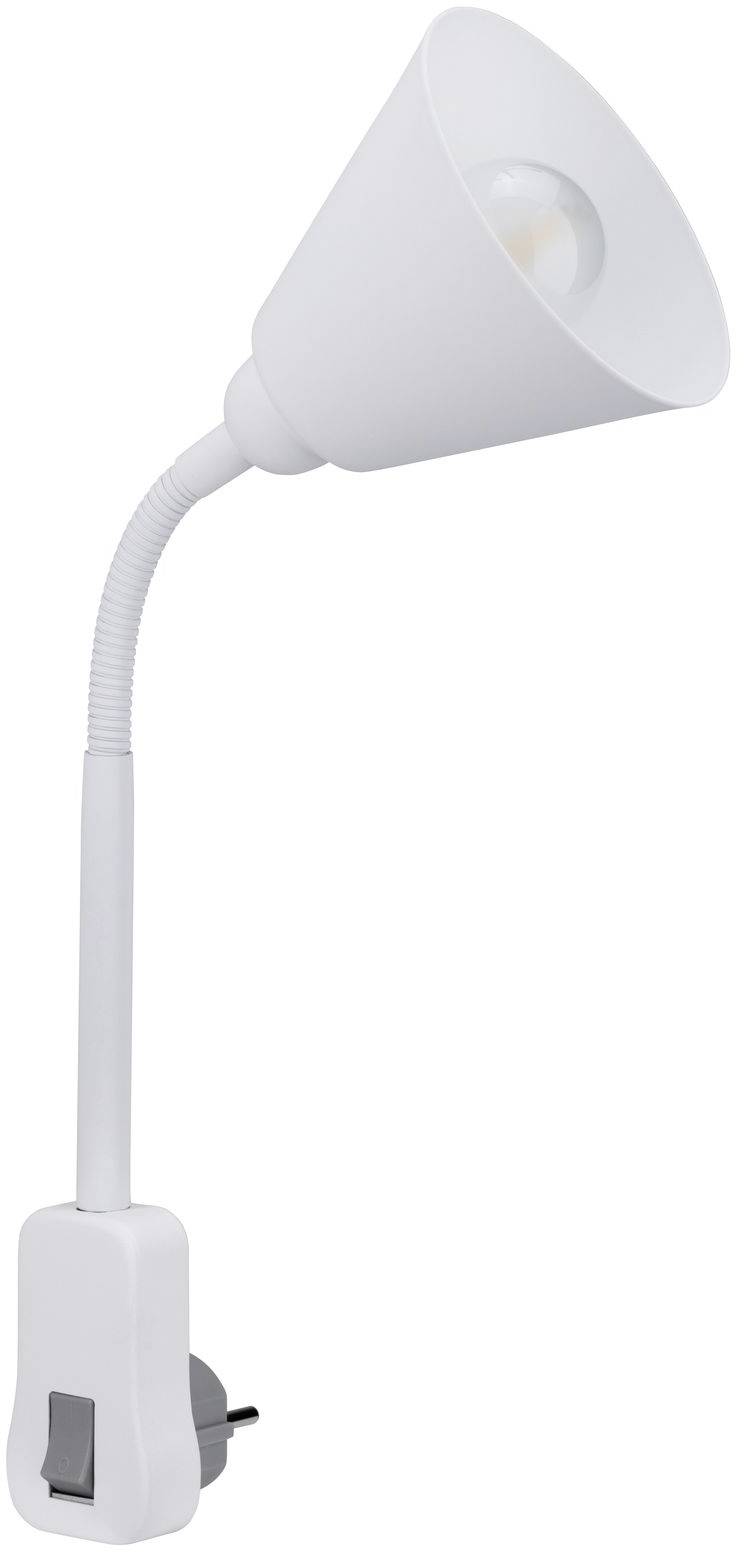 Weiße, wandmontierbare Leselampe mit flexiblem Schwanenhals und integriertem Schalter. Ideal für gezieltes Licht beim Lesen.