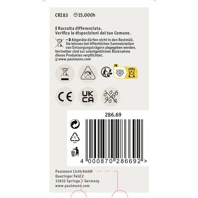 Etikett eines Produkts mit Symbolen zur Entsorgung, Barcode und Herstellerinformationen. Text zur Mülltrennung und Kontaktangaben.