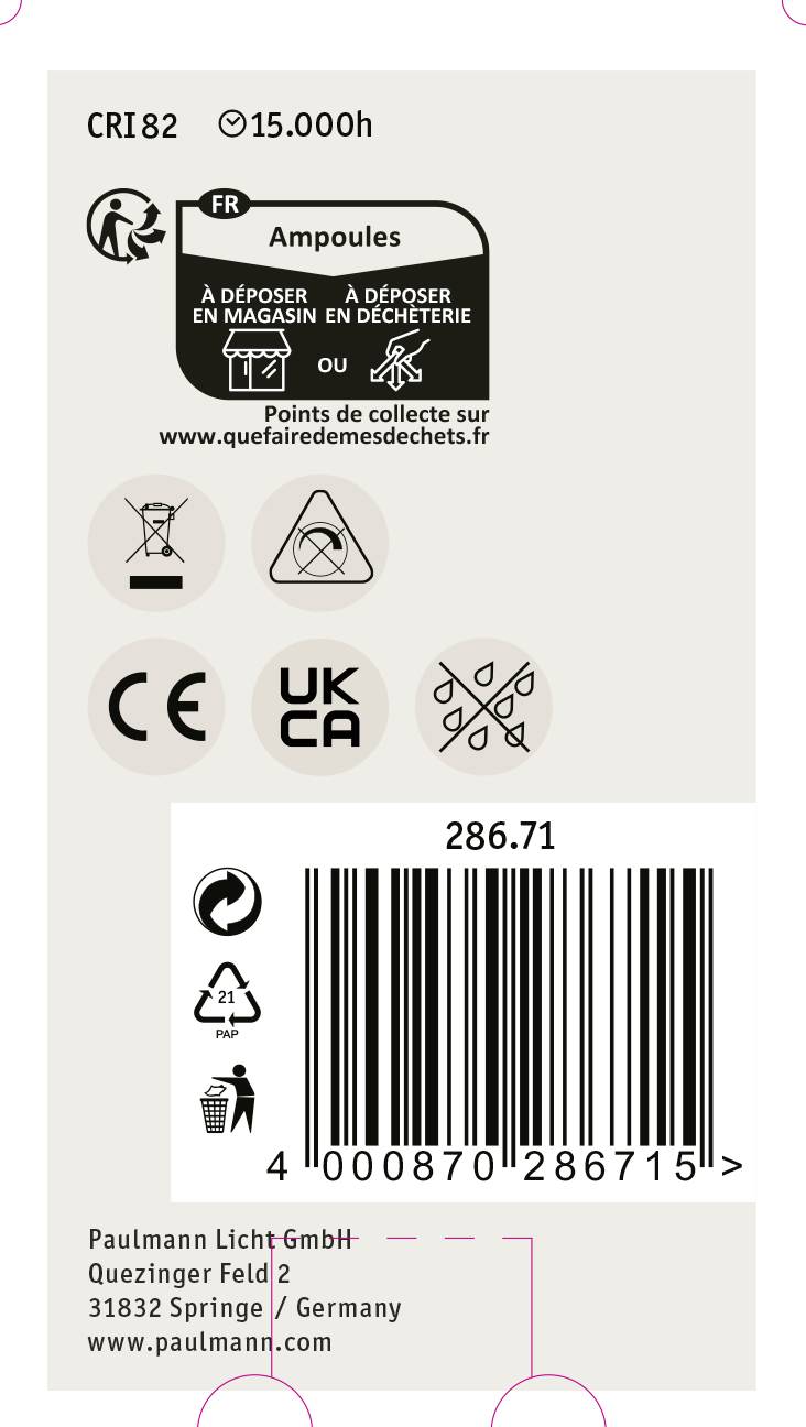 Produktetikett für Glühbirnen mit Recycling-Symbolen und QR-Code. Beinhaltet Text 'Ampoules' und Angaben zur Rückgabe an Sammelstellen.