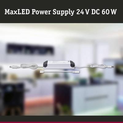 Das Bild zeigt ein MaxLED-Netzteil mit 24 V DC und 60 W, im Vordergrund vor einem unscharfen Hintergrund aufgestellt.