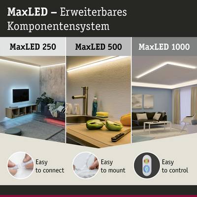 'MaxLED – Erweiterbares Komponentensystem'. Drei MaxLED-Modelle in Wohnräumen: 250, 500, 1000. Einfache Installation, Steuerung.