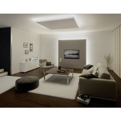 Modernes Wohnzimmer mit beige Sofa, mittigem Couchtisch, Fernseher an der Wand, Teppich und dekorativen Elementen. Elegantes Ambiente.