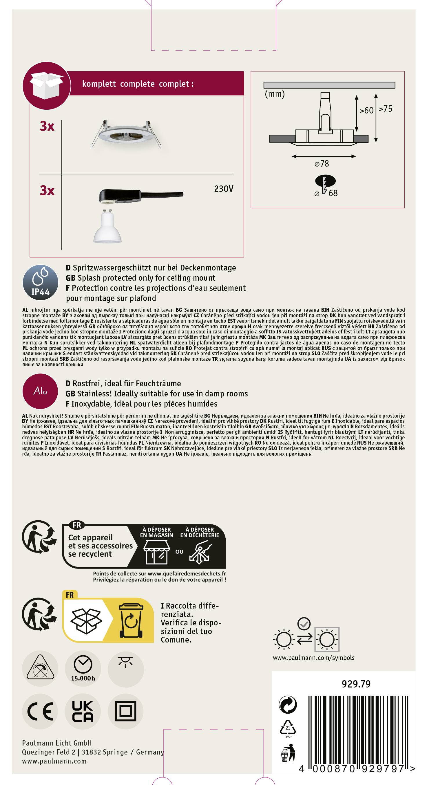 'Set beinhaltet 3 Deckenleuchten mit Schutz, geeignet für feuchte Räume. Enthält Installationsanweisungen. Leistung: 230V.'