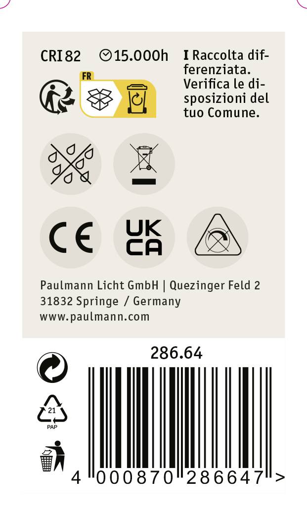 Etikett einer Glühbirne mit Symbolen für Energieeffizienz, Recyclinghinweise und Barcode. Angaben zu Hersteller: Paulmann Licht GmbH, Deutschland.
