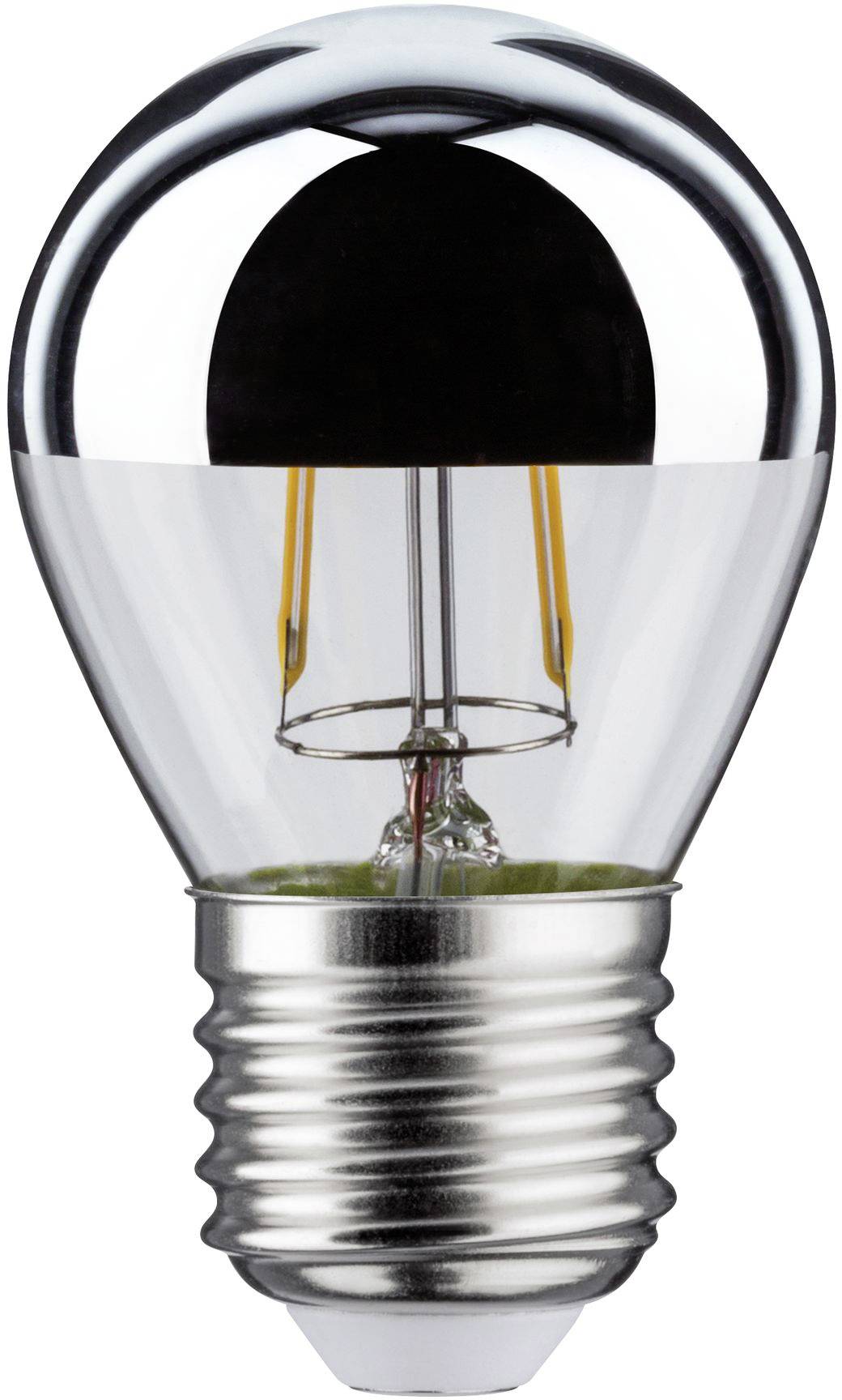 Eine Glühbirne mit silbernem Sockel und transparentem Glas, zeigt die inneren Glühdrähte.