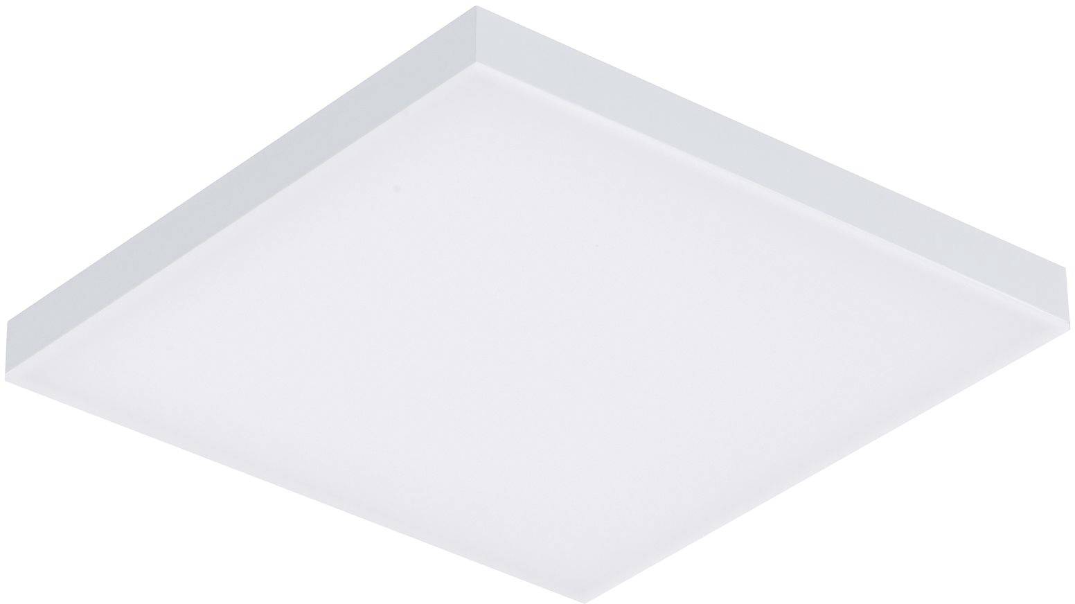 Quadratische LED-Deckenleuchte mit schlichtem, modernem Design, weißem Rahmen und homogenem Lichtaustritt.