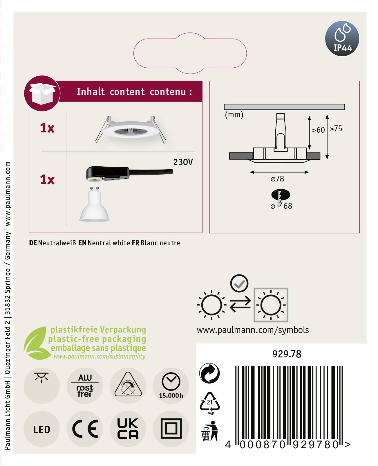 'Inhalt': 1x Leuchte, 230V. Diagramm zeigt Abmessungen. Verpackung plastikfrei. Marken- und Sicherheitssymbole unten.