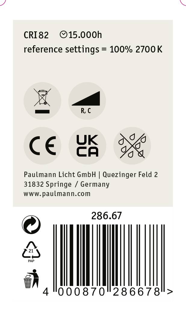 Etikett für eine Glühbirne: 'CRI82', '15.000h', '2700K', Symbole für 'UKCA', 'CE', Recycling, Herstelleradresse in Deutschland, Barcode.