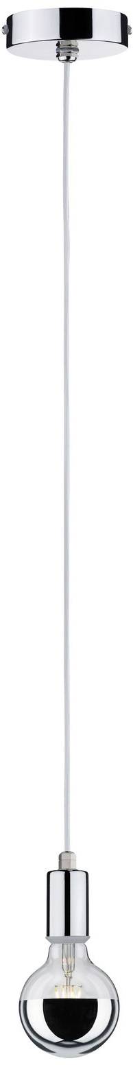 Eine moderne Hängelampe mit chromfarbener Fassung und klarer Glühbirne. Sie hängt an einem langen, schmalen Kabel.